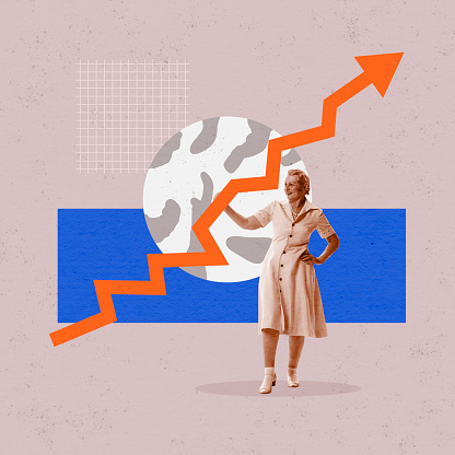 Retirement savings. Conceptual art collage with happy senior woman holding big orange arrow showing upward direction. Retro style, business, finance, deposits and income. Minimalism