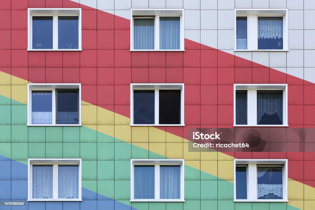 Colored facade of a building in Lichtenberg, Berlin, Germany Apartment Stock Photo