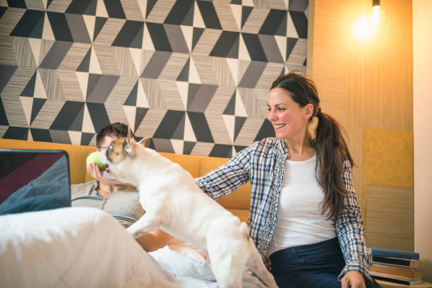 istock Man working on laptop in the bed, girlfriend is cuddling with their dog 1419280404