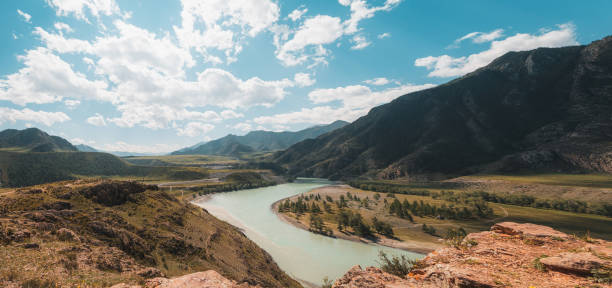 view from the top of the mountain - blue sky, river and hills
