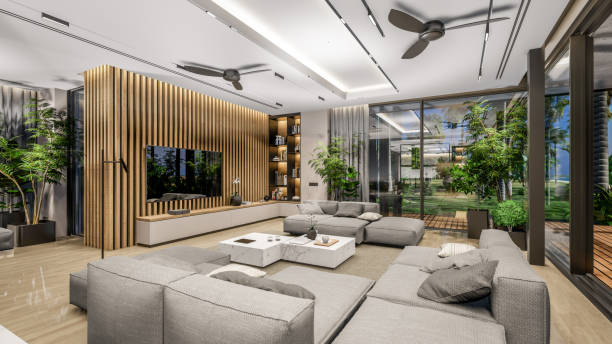 istock 3d rendering of modern cozy interior with living, dining zone, stair and kitchen 1419285104