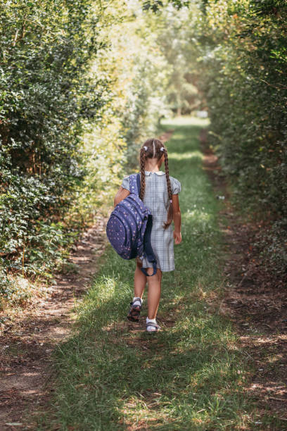 istock little girl with a backpack going to school. back view. Vertical 1419288148