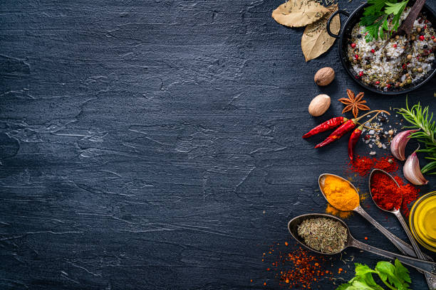 istock Cooking and seasoning background. Flat lay with copy space 1419288612