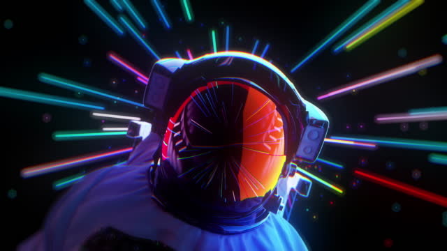 3D rendered astronaut in helmet in neon lights turning around. Moving video game screensaver
