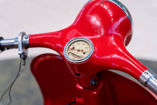 istock headlight, handlebar and control levers of a vintage red scooter. 1419291943