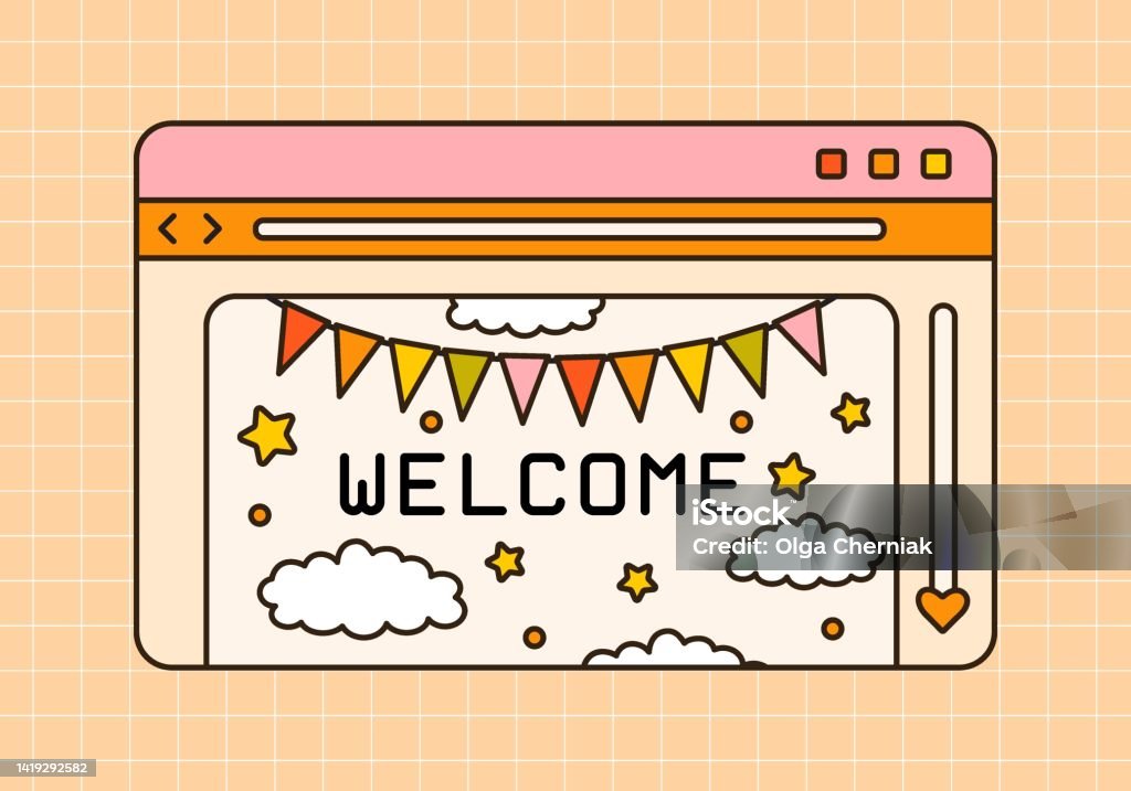 Welcome Photo With Computer Vector Illustration Of Retro Computer Browser With Welcome Banner ...