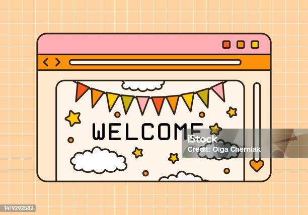 Computer Screen Saying Welcome Vector Illustration Of Retro Computer Browser With Welcome Banner ...