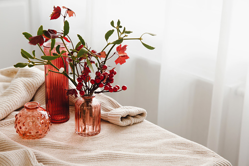 Autumn cozy mood composition. A bouquet of flowers and seasonal plants, leaves, red vases and a warm woolen sweater. Autumn hygge home decor. Selective focus.