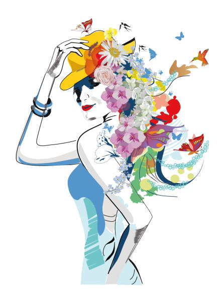 ilustraciones, imágenes clip art, dibujos animados e iconos de stock de silueta de mujer con sombrero con flores de verano y pájaros en líneas. estilo femenino. - floral dress