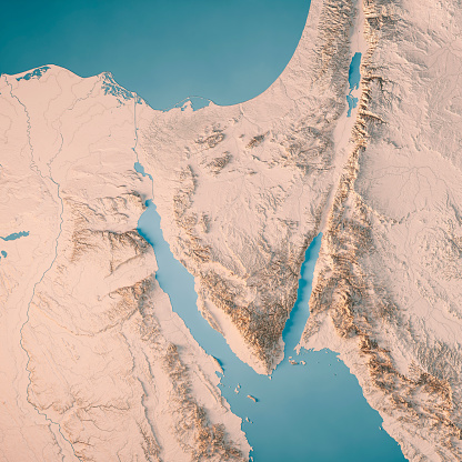 3D Render of a Topographic Map of Sinai Peninsula. \nAll source data is in the public domain.\nColor texture: Made with Natural Earth. \nhttp://www.naturalearthdata.com/downloads/10m-raster-data/10m-cross-blend-hypso/\nRelief texture and Rivers: NASADEM data courtesy of NASA JPL (2020). \nhttps://doi.org/10.5067/MEaSUREs/NASADEM/NASADEM_HGT.001 \nWater texture: SRTM Water Body SWDB:\nhttps://dds.cr.usgs.gov/srtm/version2_1/SWBD/