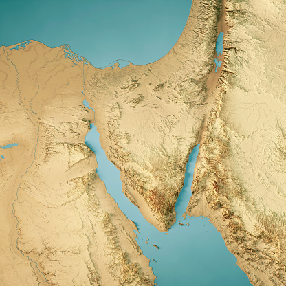 3D Render of a Topographic Map of Sinai Peninsula. \nAll source data is in the public domain.\nColor texture: Made with Natural Earth. \nhttp://www.naturalearthdata.com/downloads/10m-raster-data/10m-cross-blend-hypso/\nRelief texture and Rivers: NASADEM data courtesy of NASA JPL (2020). \nhttps://doi.org/10.5067/MEaSUREs/NASADEM/NASADEM_HGT.001 \nWater texture: SRTM Water Body SWDB:\nhttps://dds.cr.usgs.gov/srtm/version2_1/SWBD/