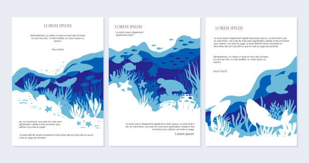 Ocean banner set illustration Save the ocean set vector design banners concept. Paper cut illustration with fish turtle whale dolphin isolated on white background. underwater stock illustrations
