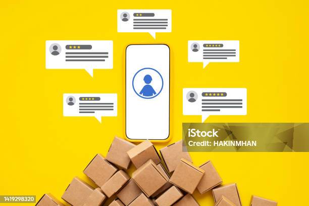 Consumer Reviews Concepts With Report Score On Application Smartphone And Product Box Order Stock Photo - Download Image Now