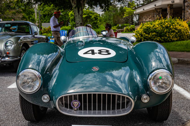 1950 Lester MG T51 Sports Car Highlands, NC - June 10, 2022: Low perspective front view of a 1950 Lester MG T51 Sports Car at a local car show. 1950s racing car stock pictures, royalty-free photos & images