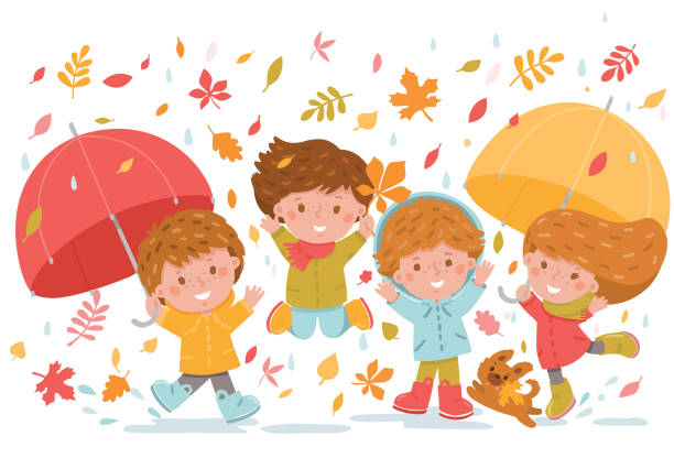 ilustraciones, imágenes clip art, dibujos animados e iconos de stock de grupo de niños jugando y saltando en las hojas de otoño que caen - autumn leaf falling wind