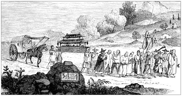 Antique illustration, ethnography and indigenous cultures: East Asia, Chinese Funeral Antique illustration, ethnography and indigenous cultures: East Asia, Chinese Funeral funeral procession stock illustrations