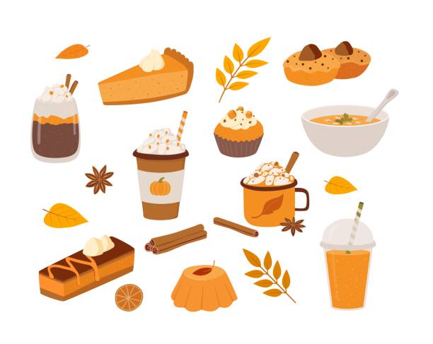 ilustrações, clipart, desenhos animados e ícones de conjunto de produtos sazonais de especiarias de abóbora, café, café, latte, torta, bolo, sopa, smoothie isolado no fundo branco. comida de outono e bebidas quentes ilustração vetorial - vegetable baked cake cup