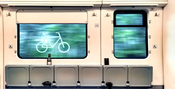 Place for bicycles on the train Empty space for bicycles on a train going through the forest train interior stock pictures, royalty-free photos & images