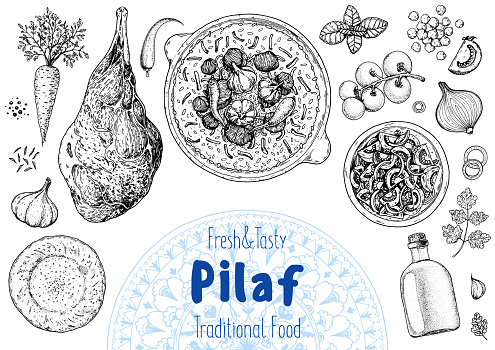 Pilaf Pattern Pilaf Cooking And Ingredients For Pilaf Sketch Illustration Middle ...