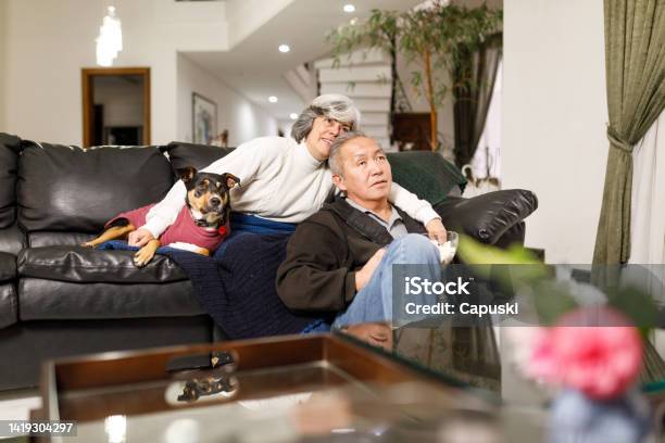 リビングルームで一緒にテレビを見ているペットと年上の愛情のあるカップル