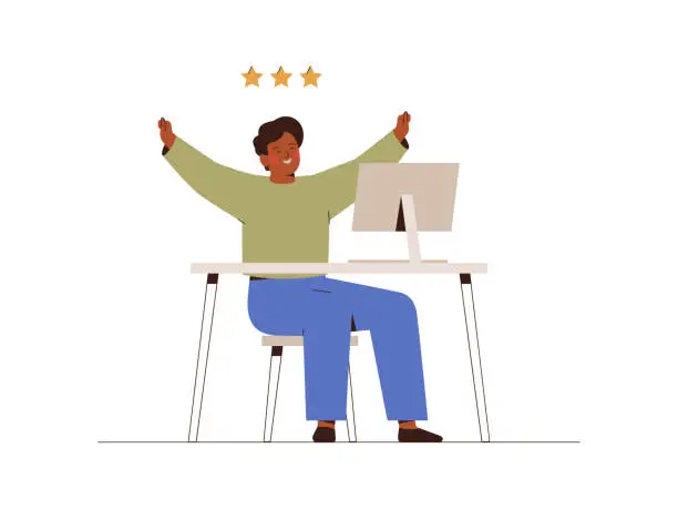 Vector illustration of Young man happy with achieving target. Boy raised up his hands and enjoys victory. Concept of Completed tasks or Challenges. Vector illustration