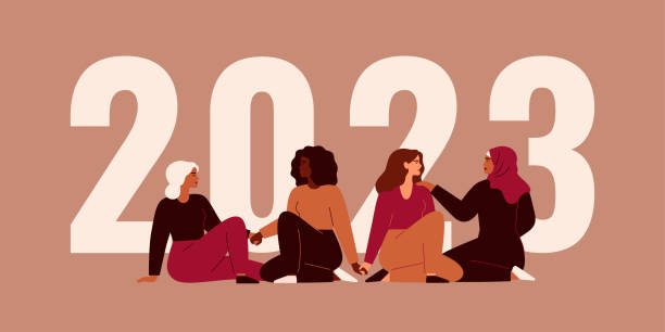 2023年近くには、強い女性が一緒に座り、手をつないでいます。異なる国籍や文化の女の子と新年あけましておめでとうございます。 - 2023　女性点のイラスト素材／クリップアート素材／マンガ素材／アイコン素材