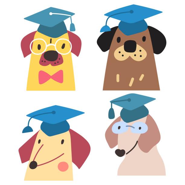 schlaue hunde. sammlung von hunden mit brille und abschlusshüten. - dog graduation hat school stock-grafiken, -clipart, -cartoons und -symbole