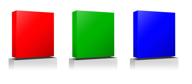 Three RGB Software Boxes blank template red, green and blue for presentation layouts and design. 3D rendering. Digitally Generated Image. Isolated on white background.