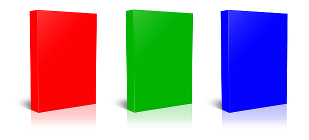 Three RGB Software Boxes blank template red, green and blue for presentation layouts and design. 3D rendering. Digitally Generated Image. Isolated on white background.