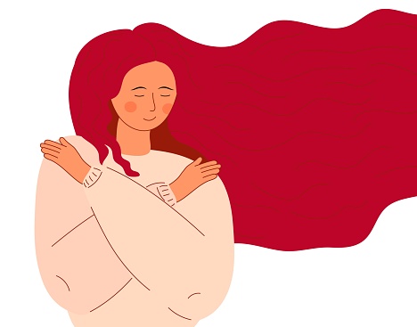 Cute woman with long hair hugs herself. Positive lady expressing love and care. Love for yourself, high esteem and body positive concept vector.
