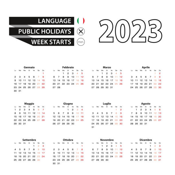 Calendar 2023 in Italian language, week starts on Monday. Calendar 2023 in Italian language, week starts on Monday. Vector calendar 2023 year. italian language stock illustrations