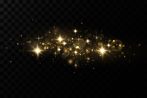Christmas light effect. Sparkling magical dust particles.The dust sparks and golden stars shine with special light.