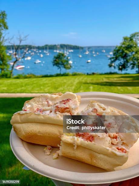 Maine Lobster Roll At The Beach Stock Photo - Download Image Now - Lobster Roll, American Culture, Artisanal Food and Drink