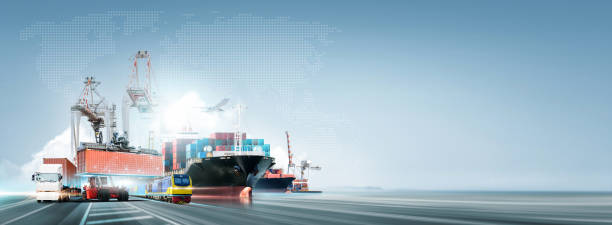 istock Technology Digital Future of Cargo Container Logistic Transport Import Export Concept, Freight Ship, Train, Plane, Truck on Highway at Blue Sky, Copy Space, Modern Futuristic Transportation Background 1419310628