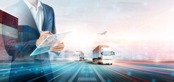 istock Business and Technology Digital Future of Cargo Containers Logistics Transport Concept, Double Exposure of Business man using Tablet and Freight Truck at Port, Transportation Import Export Background 1419310681