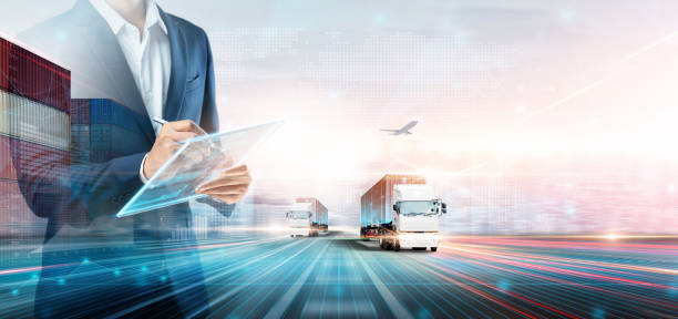 Business and Technology Digital Future of Cargo Containers Logistics Transport Concept, Double Exposure of Business man using Tablet and Freight Truck at Port, Transportation Import Export Background stock photo