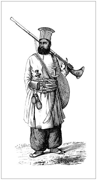 Antique illustration, ethnography and indigenous cultures: India and South Asia, Balochistan Soldier Antique illustration, ethnography and indigenous cultures: India and South Asia, Balochistan Soldier rifle old fashioned antique ancient stock illustrations
