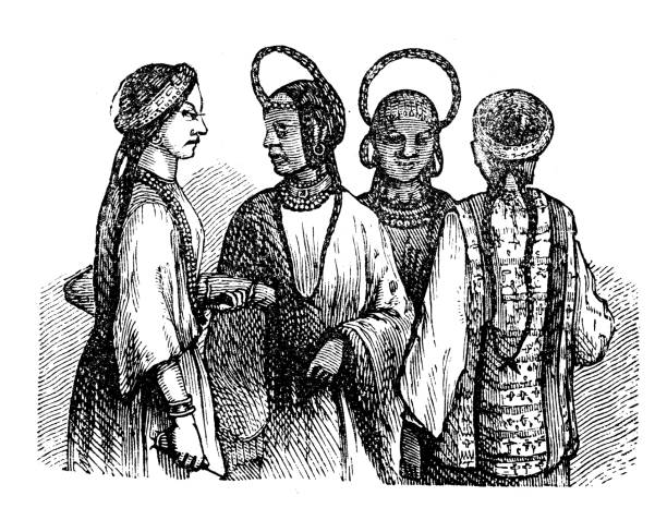 Antique illustration, ethnography and indigenous cultures: India and South Asia, Tibetan women Antique illustration, ethnography and indigenous cultures: India and South Asia, Tibetan women tibetan ethnicity stock illustrations
