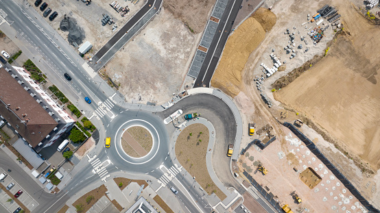 Large construction site - road works and traffic circle. Aerial view