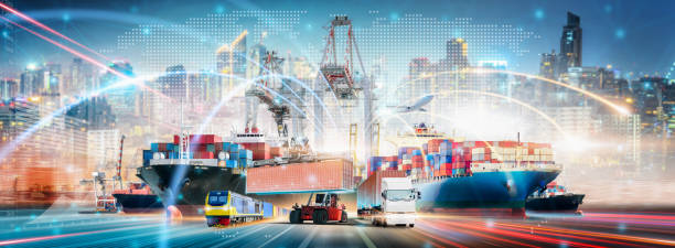 istock Global Business Network Distribution and Technology Digital Future of Cargo Containers Logistics Transport Concept, Double Exposure of Freight Ship, Modern Futuristic Transportation Import Export 1419316246