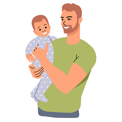 A young father holds a baby in his arms. Happy father and little newborn son. Parenthood, baby care. Flat style isolated on white background. Vector illustration.