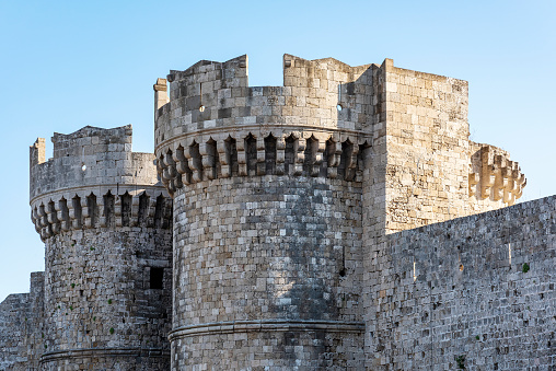 Rhodes Island, Greece - May 23, 2022: View of the ramparts around the old town of Rhodes Island, Greece.