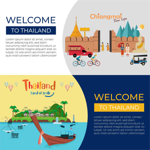 illustrazioni stock, clip art, cartoni animati e icone di tendenza di design moderno del banner. viaggio in thailandia con sfondo blu e bianco - bangkok thailand asia water taxi