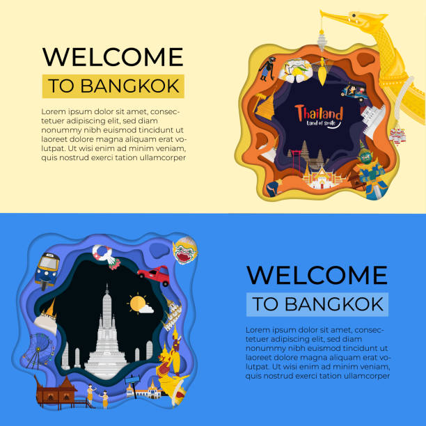 nowoczesny projekt banera. podróż do tajlandii na niebiesko-białym tle - bangkok thailand asia water taxi stock illustrations