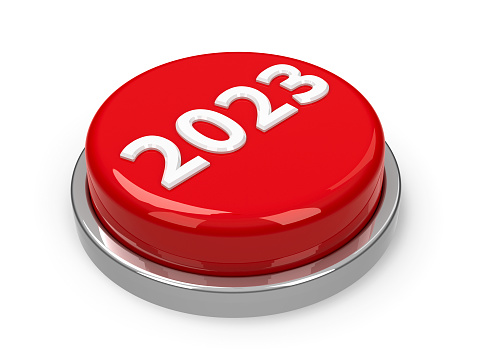 Red 2023 button isolated on white background represents new year 2023, three-dimensional rendering, 3D illustration