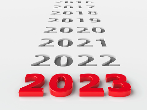 Red number 2023 on gray background with numbers represents the new year 2023, three-dimensional rendering, 3D illustration