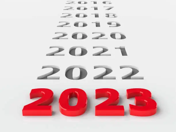 Red number 2023 on gray background with numbers represents the new year 2023, three-dimensional rendering, 3D illustration