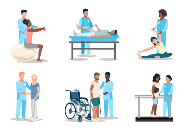 rehabilitation set The patient undergoes orthopedic rehabilitation with a physiotherapist. Physiotherapy. Thank you doctors and nurses. Restoring health after illness and injury. Set of flat vector illustration. sports medicine stock illustrations