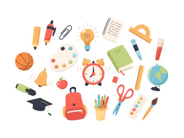 Back to school collection of supplies for children. Cute colorful vector illustration in flat cartoon style Back to school collection of supplies for children. Cute colorful vector illustration flat cartoon style school supplies stock illustrations
