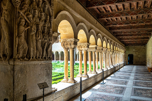 The corridor around the courtyard of a deserted, old monastery near Lerma in Spain